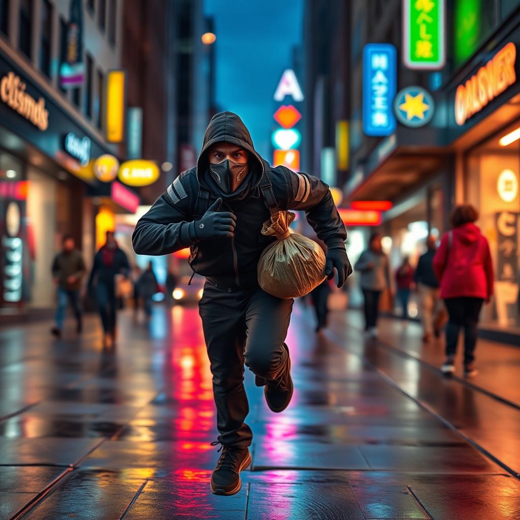 A dynamic scene depicting a running robber, dressed in dark clothing and a ski mask, sprinting through a bustling urban street at night