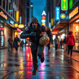 A dynamic scene depicting a running robber, dressed in dark clothing and a ski mask, sprinting through a bustling urban street at night