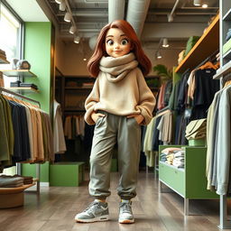 A beautiful, large cartoon model dressed in loose-fitting basic pants and an oversized wool sweater