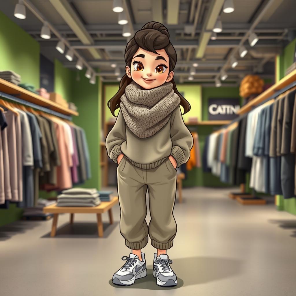 A beautiful, large cartoon model dressed in loose-fitting basic pants and an oversized wool sweater