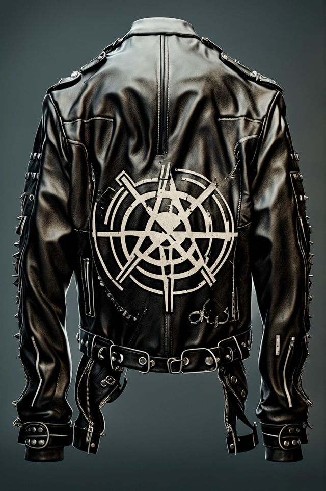 This digital art image features a high-quality rendering of a black leather jacket, designed in a punk style with silver studs