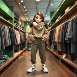 A beautiful, large cartoon model dressed in loose-fitting basic pants and an oversized wool sweater
