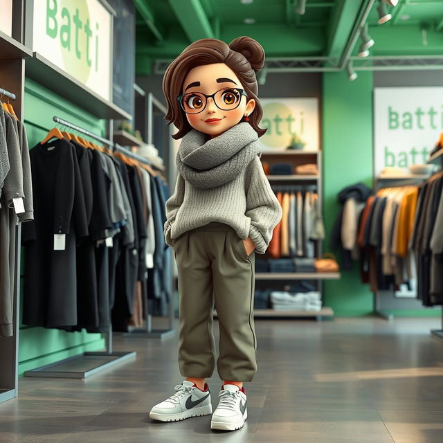 A beautiful, large cartoon model dressed in loose-fitting basic pants and an oversized wool sweater