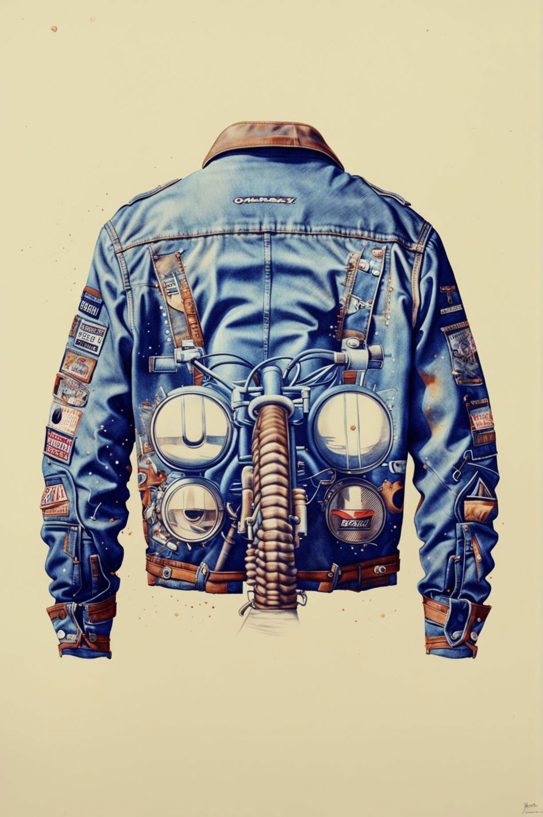 This image presents a digital art rendering of a vintage-inspired trucker jacket in rich blue denim