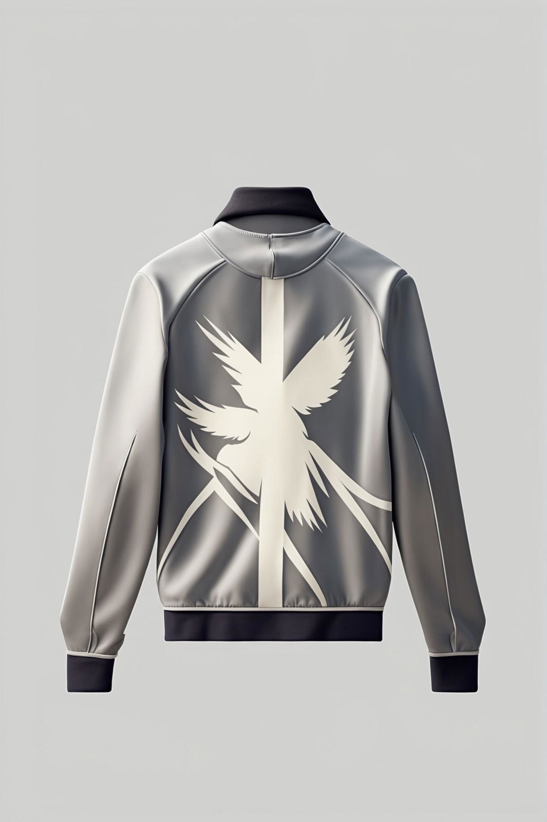 This digital art image showcases a modern, graphic jacket in a neutral grey, featuring a minimalist bird print on the back