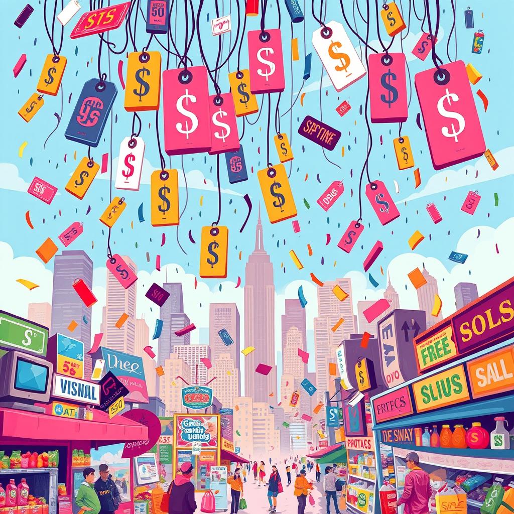 a vibrant and dynamic illustration depicting a rain of product tags and labels, each showcasing different prices, symbolizing consumerism and capitalism