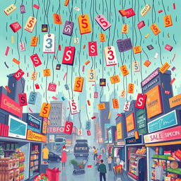 a vibrant and dynamic illustration depicting a rain of product tags and labels, each showcasing different prices, symbolizing consumerism and capitalism