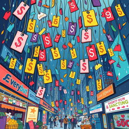 a vibrant and dynamic illustration depicting a rain of product tags and labels, each showcasing different prices, symbolizing consumerism and capitalism