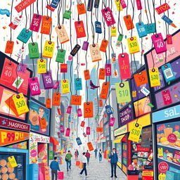 a vibrant and dynamic illustration depicting a rain of product tags and labels, each showcasing different prices, symbolizing consumerism and capitalism