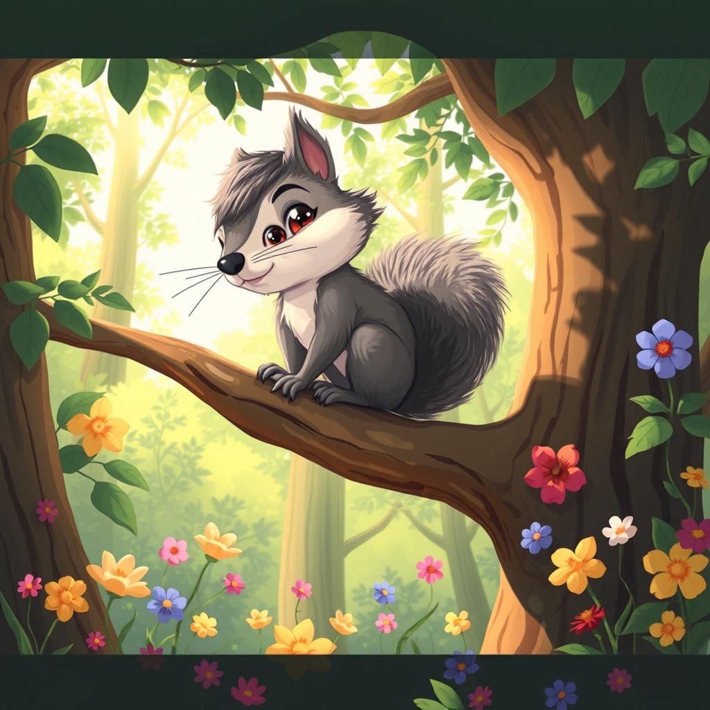 An illustration of a curious squirrel named Sammy with fluffy gray fur, bright eyes, and a bushy tail, sitting on a branch of a tall tree