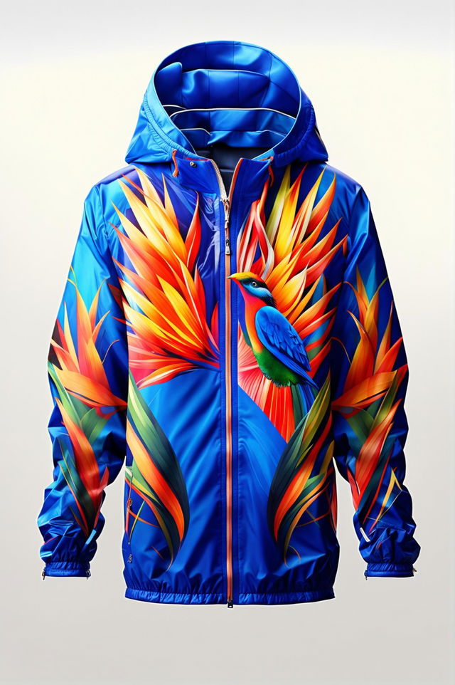 This digital art image features a vibrant, graphic rain jacket in electric blue, adorned with a Birds of Paradise print