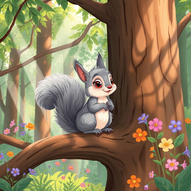 An illustration of a curious squirrel named Sammy with fluffy gray fur, bright eyes, and a bushy tail, sitting on a branch of a tall tree