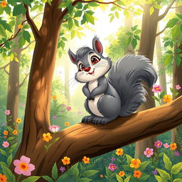 An illustration of a curious squirrel named Sammy with fluffy gray fur, bright eyes, and a bushy tail, sitting on a branch of a tall tree
