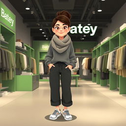 A large, beautiful cartoon model standing in a clothing store named "Batey" featuring green and grey decor