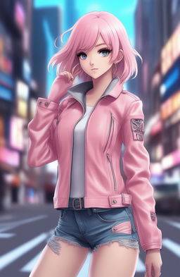 This digital art image showcases a pastel pink leather jacket adorned with a graphic of an anime girl