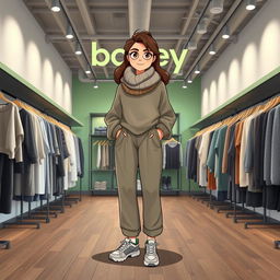 A large, beautiful cartoon model standing in a clothing store named "Batey" featuring green and grey decor