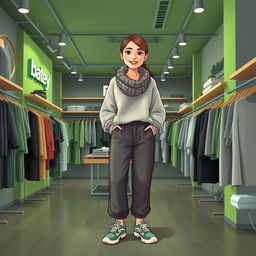 A large, beautiful cartoon model standing in a clothing store named "Batey" featuring green and grey decor