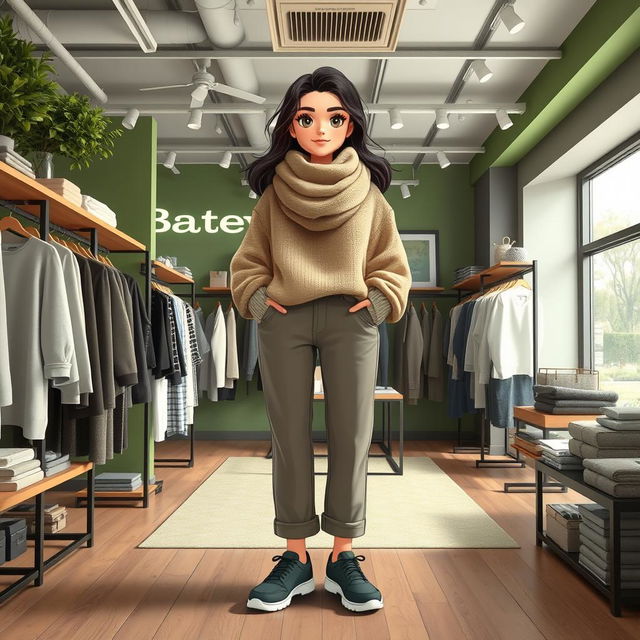 A large, beautiful cartoon model standing in a clothing store named "Batey" featuring green and grey decor