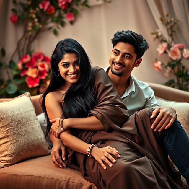 A beautiful Indian woman with long black hair and an alluring smile, sitting confidently on a handsome young man's lap in a playful and flirtatious pose