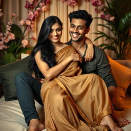 A beautiful Indian woman with long black hair and an alluring smile, sitting confidently on a handsome young man's lap in a playful and flirtatious pose