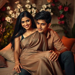 A beautiful Indian woman with long black hair and an alluring smile, sitting confidently on a handsome young man's lap in a playful and flirtatious pose