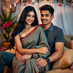 A beautiful Indian woman with long black hair and an alluring smile, sitting confidently on a handsome young man's lap in a playful and flirtatious pose