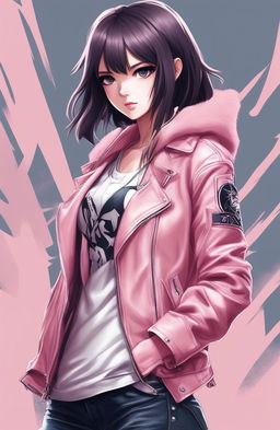 This digital art image showcases a pastel pink leather jacket adorned with a graphic of an anime girl