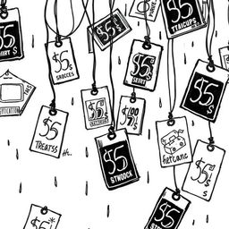 a hand-drawn illustration depicting a rain of product tags and labels, each showcasing different prices, symbolizing consumerism and capitalism