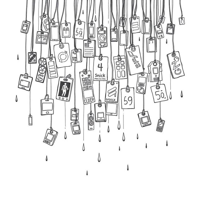 a hand-drawn illustration depicting a rain of product tags and labels, each showcasing different prices, symbolizing consumerism and capitalism