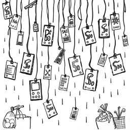a hand-drawn illustration depicting a rain of product tags and labels, each showcasing different prices, symbolizing consumerism and capitalism
