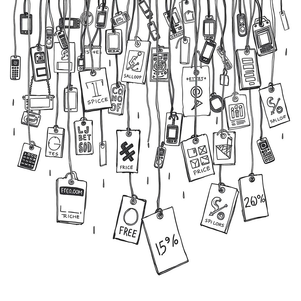 a hand-drawn illustration depicting a rain of product tags and labels, each showcasing different prices, symbolizing consumerism and capitalism