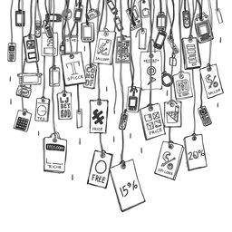 a hand-drawn illustration depicting a rain of product tags and labels, each showcasing different prices, symbolizing consumerism and capitalism