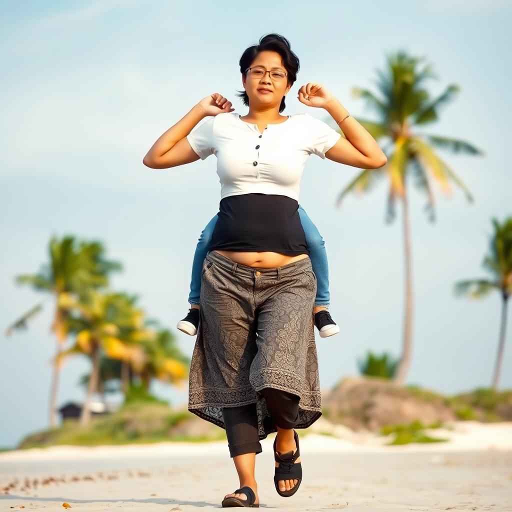 A huge Indonesian woman wearing a tight white button-up crop top and low waist batik cloth, wooden sandals on her feet, confidently walking on a beach