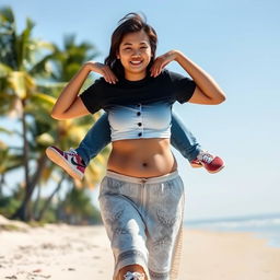 A huge Indonesian woman wearing a tight white button-up crop top and low waist batik cloth, wooden sandals on her feet, confidently walking on a beach