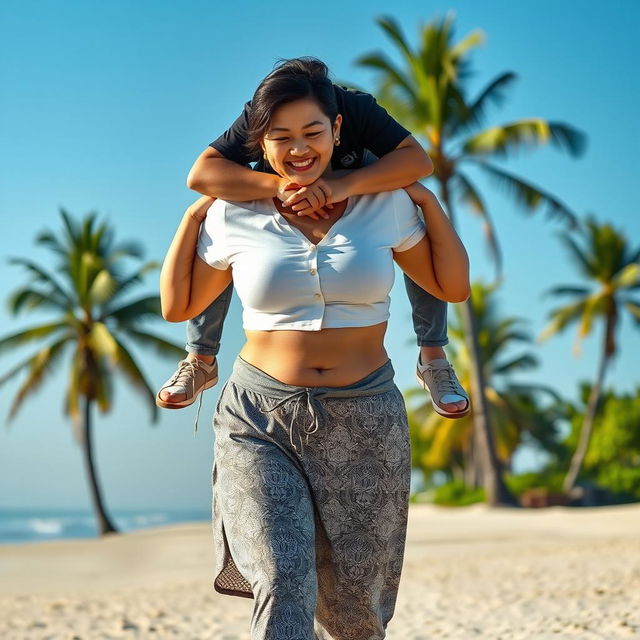 A huge Indonesian woman wearing a tight white button-up crop top and low waist batik cloth, wooden sandals on her feet, confidently walking on a beach