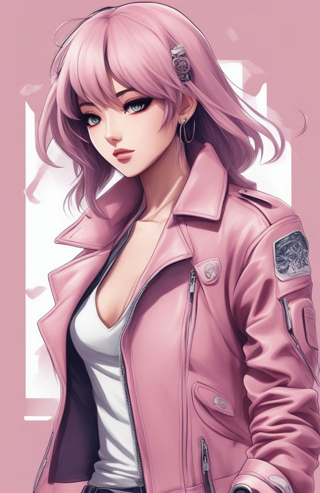 This digital art image showcases a pastel pink leather jacket adorned with a graphic of an anime girl