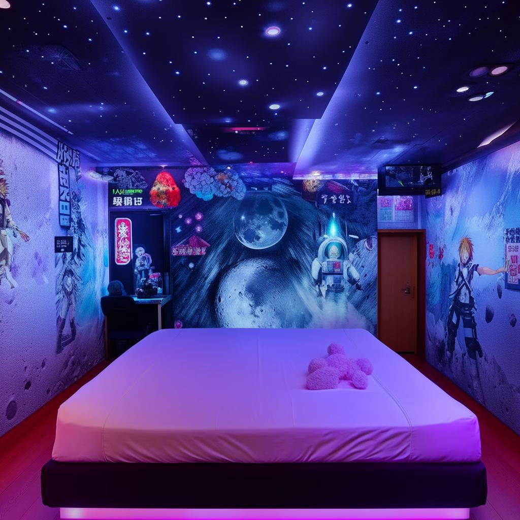 A vibrant room featuring a double bed, a ceiling imitating the moon surface lit with LEDs, dedicated space displaying action figures, a wall adorned with anime posters, in a fresh color scheme.