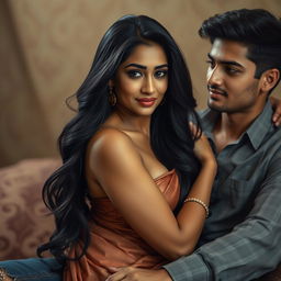 A captivating scene featuring a beautiful Indian woman with long flowing black hair, exuding confidence while sitting on a handsome young man's lap