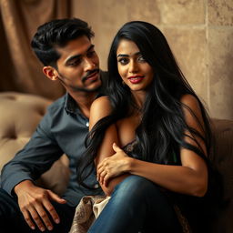 A captivating scene featuring a beautiful Indian woman with long flowing black hair, exuding confidence while sitting on a handsome young man's lap