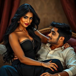 A captivating scene featuring a beautiful Indian woman with long flowing black hair, exuding confidence while sitting on a handsome young man's lap