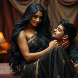 A captivating scene featuring a beautiful Indian woman with long flowing black hair, exuding confidence while sitting on a handsome young man's lap