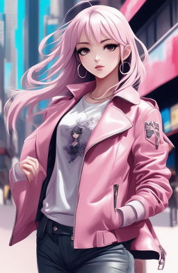 This digital art image showcases a pastel pink leather jacket adorned with a graphic of an anime girl