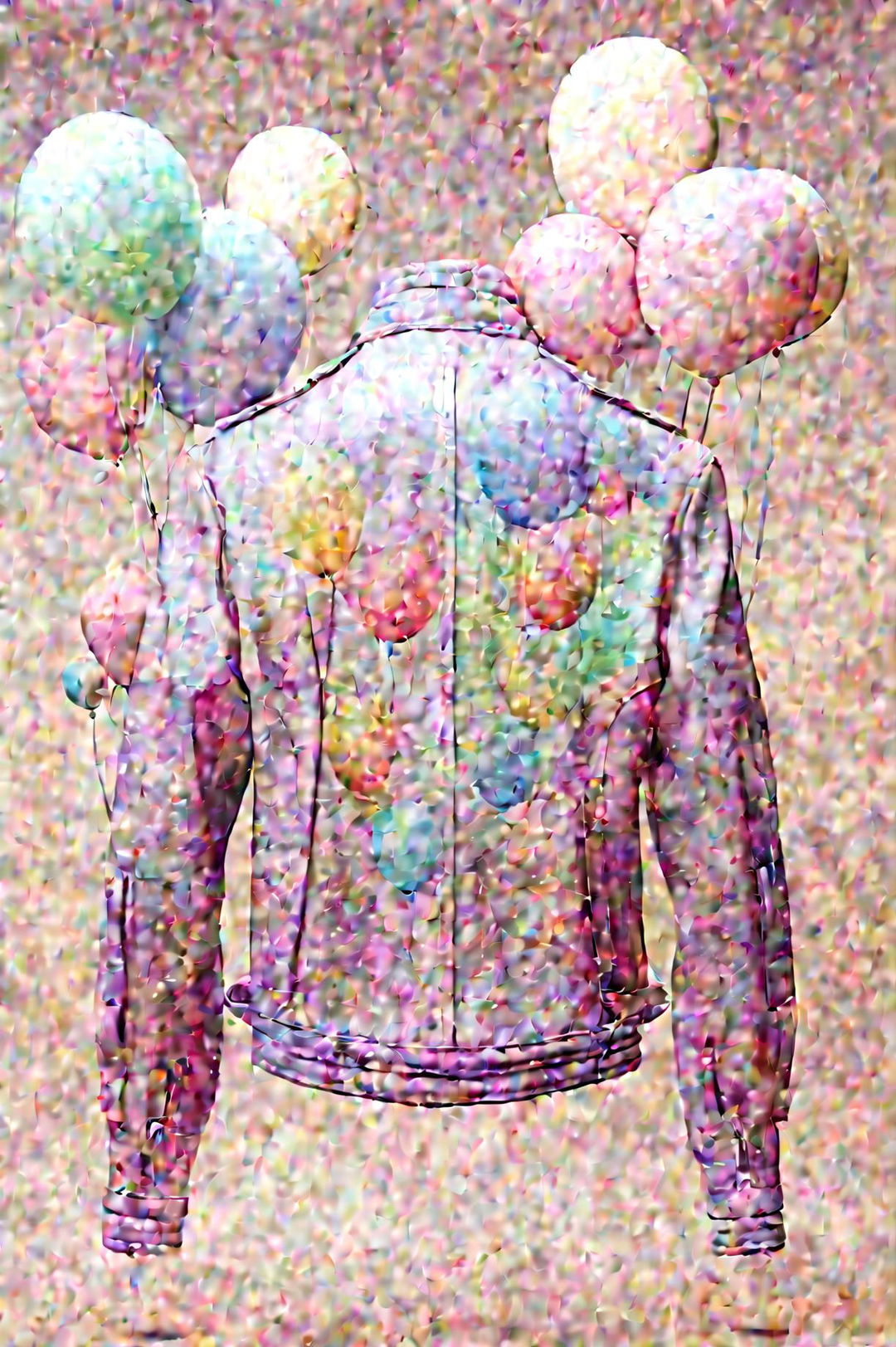 This digital art image features a pastel lavender leather jacket, adorned with a graphic of a bunch of balloons in various pastel shades