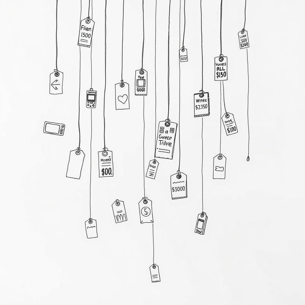 a conceptual animation depicting a rain of product tags and labels with prices, symbolizing consumerism and capitalism