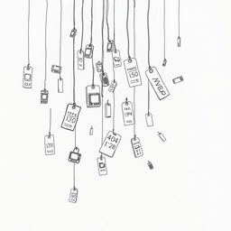 a conceptual animation depicting a rain of product tags and labels with prices, symbolizing consumerism and capitalism