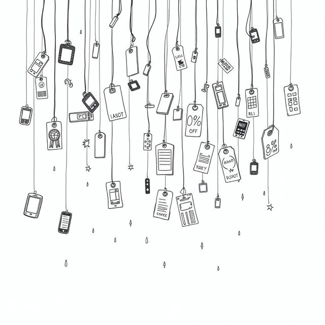 a conceptual animation depicting a rain of product tags and labels with prices, symbolizing consumerism and capitalism