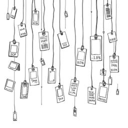 a conceptual animation depicting a rain of product tags and labels with prices, symbolizing consumerism and capitalism