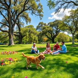 A bright and cheerful park scene, showcasing a vibrant green lawn dotted with colorful flowers in full bloom