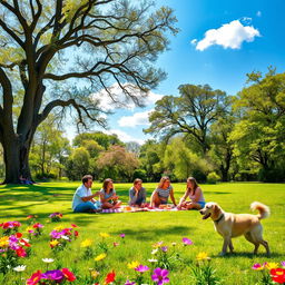 A bright and cheerful park scene, showcasing a vibrant green lawn dotted with colorful flowers in full bloom