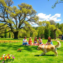 A bright and cheerful park scene, showcasing a vibrant green lawn dotted with colorful flowers in full bloom